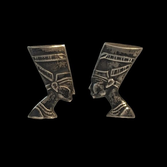Vintage Egyptian Sterling Silver Cufflinks Nefertiti Egyptian Revival Whale Back - Picture 2 of 9